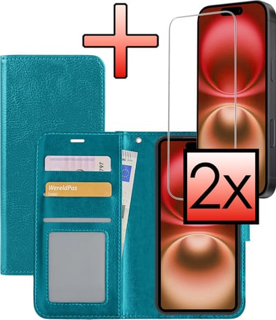 Hoesje - Met 2x Screenprotector - Geschikt voor Apple iPhone 16 - Luxe Pasjeshouder - Bookcase Portemonee - Flip Case - Kunstleer Book Case - Flipcase Hoes - Book Cover - Walletcase - Portemonneehoes - Turquoise