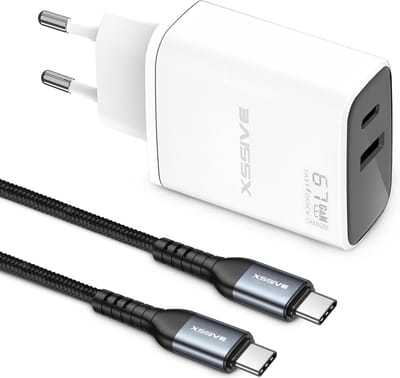 Oplader 2 Poorten + USB C naar USB-C Kabel - Auto Disconnect - Voor Laptop, Telefoon en Tablet Snellader