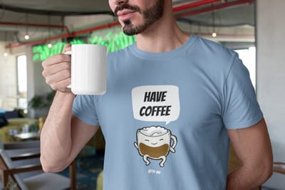 Shirt - Have coffee with me - Wurban Wear | Grappig shirt | Koffie | Unisex tshirt | Koffiezetapparaat | Koffiebonen | Wit, Zwart & Licht blauw