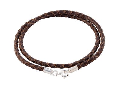 AuBor ®. Gevlochten leren ketting met zilveren sluiting. Bruin. 4mm × 38cm
