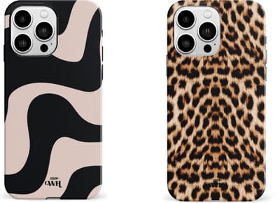 xoxo Wildhearts telefoonhoesjes Ride With Me Zwart Beige + Wild Thing – Double Layer Hard Cases met golvend en dierenprint design – luxe en stevig – geschikt voor iPhone 15 Pro