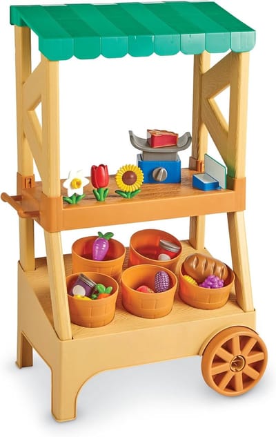 Boerenmarkt Speelgoed - Houten Kraam - Rollenspel - 27 Delige Set - 20.6H x 52.1W cm - Meerkleurig