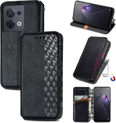 Luxe PU Lederen Ruitpatroon Wallet Case + Screenprotector voor OPPO Reno 8 5G _ Zwart