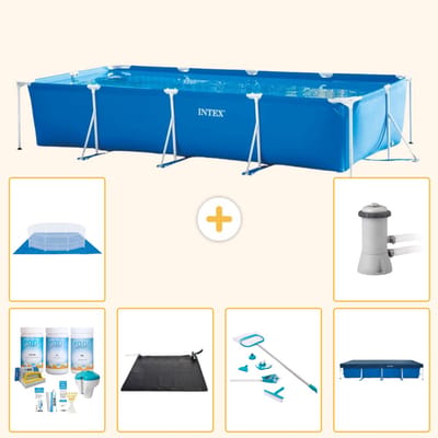 Intex Rechthoekig Frame Zwembad - 450 x 220 x 84 cm - Blauw - Inclusief Onderhoudspakket - Solar Mat - Schoonmaakset - Afdekzeil - Grondzeil - Zwembadfilterpomp - 7-delig