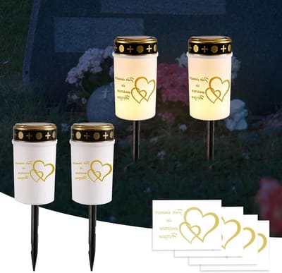 Set van 2 Zonne-energie Graflichten met Grondpen en Hartstickers, Weerbestendige Flickering LED Kaarsen voor Grafverlichting, Warm Wit, Herinnering aan Overledenen