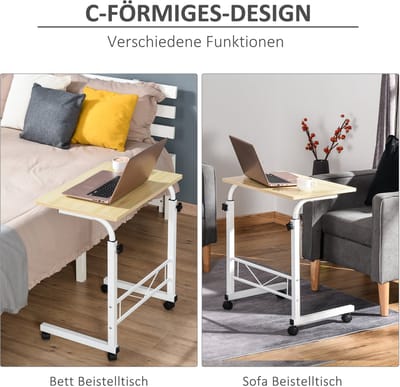 Wishdor C-vormige bijzettafel, hoogteverstelbaar 68–78 cm, mobiel met 4 wielen en remmen, Maple staal/spaanplaat