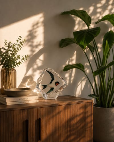 Mats Jonasson Kristallen Zwaluw Sculptuur – Handgemaakt Glazen Kunstwerk 15,5 Cm Met Sierlijke Vogelafbeelding - Diverse Kleuren - Voor Binnen - Staand