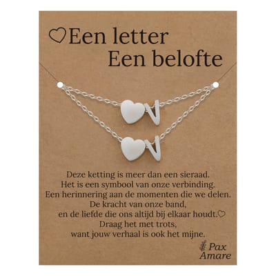 Letter V ketting + armband set op Cadeau Kaartje - Een letter, een belofte - Zilverkleurig Stainless Steel - Initiaal & Hartje Hanger - Pax Amare