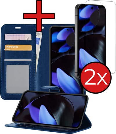 Hoesje - Met 2x Screenprotector - Geschikt voor Google Pixel 9 - Luxe Pasjeshouder - Flip Case - Bookcase Portemonee - Kunstleer Book Case - Flipcase Hoes - Book Cover - Walletcase - Portemonneehoes - Telefoonhoes - Donkerblauw