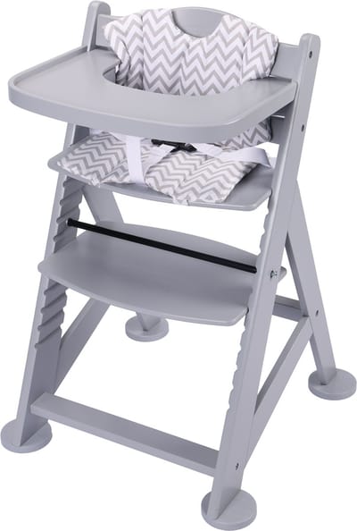 Sunny Fynn Kinderstoel Grijs – Houten Meegroeistoel – Verstelbare Babystoel met Veiligheidsgordel en Kussenset – Vanaf 9 Maanden tot Peuter