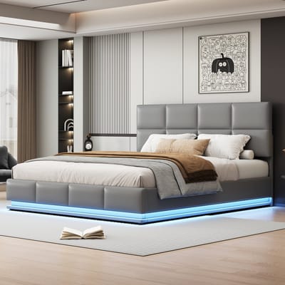 SINGULARITY-Gestoffeerd bed 180x200 cm met ledverlichting & hydraulisch opklapbare bedkast- bedstee & lattenbodem- tweepersoonsbed- lichtgrijs- zonder matras