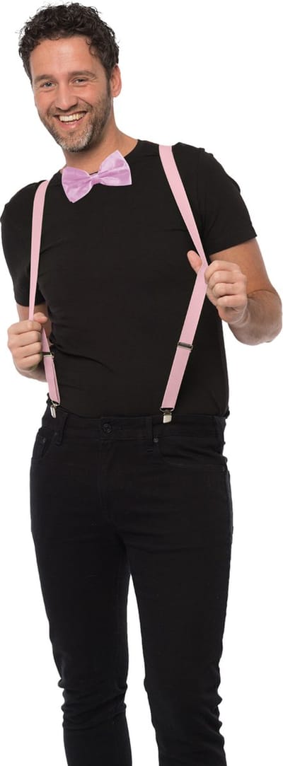 Carnaval verkleedset bretels en strik - licht roze - volwassenen/unisex - feestkleding accessoires