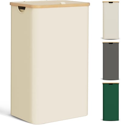 Wasmand met deksel, 85 liter, smal, met waszak, groot, opvouwbaar, hout, bamboe, wasmand, hoog, beige