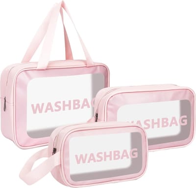 3 stuks pvc-make-uptas, doorzichtige toilettas, transparante tas, waterdichte make-uptas, toilettas met ritssluiting, draagbare cosmeticatas, reisset, 3-delig, 3 maten, roze