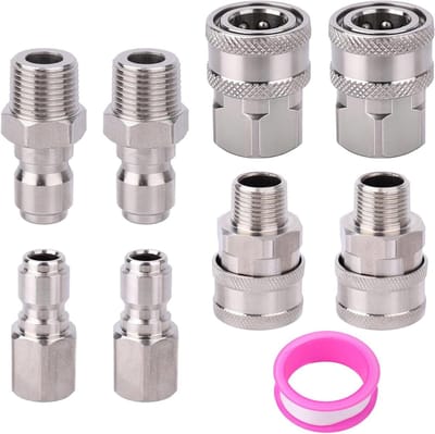 Hogedrukreiniger Snelkoppeling Set - Slang Adapter Koppeling - Schoonmaakwerkzaamheden Buiten - Roestvrij Staal 5000 PSI - 8 Stuks - Zilver