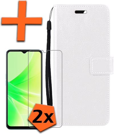 Hoes - Met 2x Screenprotector - Geschikt voor OPPO A17 - Luxe Pasjeshouder - Bookcase Portemonee - Flip Case - Kunstleer Book Case - Flipcase Hoes - Book Cover - Walletcase - PortemonneeHoes - Wit