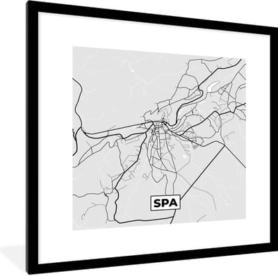 Fotolijst incl. Poster Zwart Wit- België – Spa – Stadskaart – Kaart – Zwart Wit – Plattegrond - 40x40 cm - Posterlijst