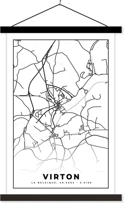 Posterhanger incl. Poster 40x60 cm - Schoolplaat - België – Virton – Stadskaart – Kaart – Zwart Wit – Plattegrond - Textielposter - Zwarte latten - Stadskaart