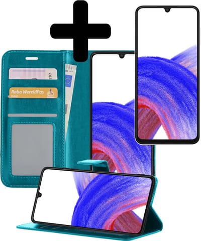 Hoesje - Met Screenprotector - Geschikt voor Samsung Galaxy A33 - Luxe Pasjeshouder - Bookcase Portemonee - Flip Case - Kunstleer Book Case - Flipcase - Book Cover - Walletcase - Portemonneehoes - Telefoonhoesjes - Turquoise