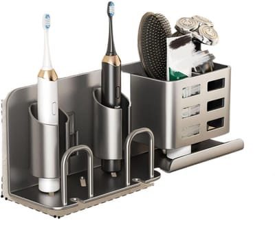 Ynkkvre -Elektrische tandenborstelhouder voor aan de muur - aluminium badkamerorganizer zonder boren - geschikt voor 4 tandenborstels en bekers, tandpasta - 2 vakken