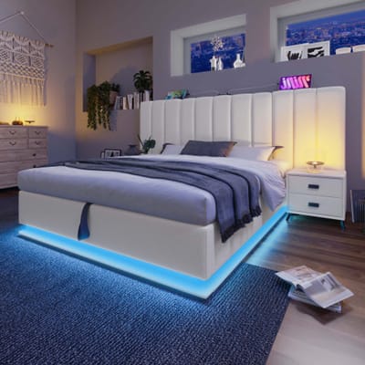 Gutent-Gestoffeerd bed 160x200 cm-tweepersoonsbed met opbergruimte-bedframe met lattenbodem-PU-​​wit-zonder matras en nachtkastje