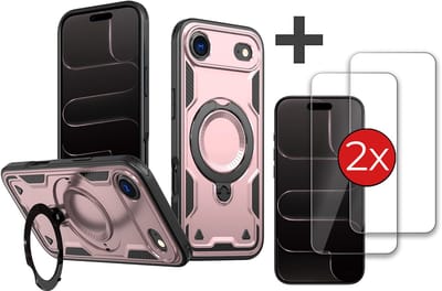 Hoesje Geschikt voor iPhone 17 Air met 2 Stuks gehard glas Screenprotector - Armor hoes met Ringhouder - Arara backcover - Rosegoud
