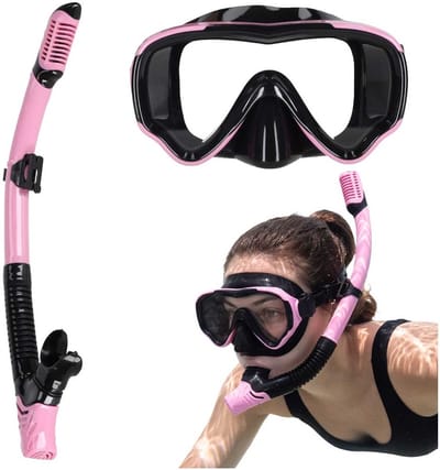 Playos® - Duikbril met Snorkel - Roze - Met Droogsysteem - 180° Panoramisch Zicht - 15+ jaar - Verstelbaar - Waterafvoer - Waterloosventiel - Duikset - Panoramische Duikbril - Droge Snorkel - Gehard Glas - Snorkelen