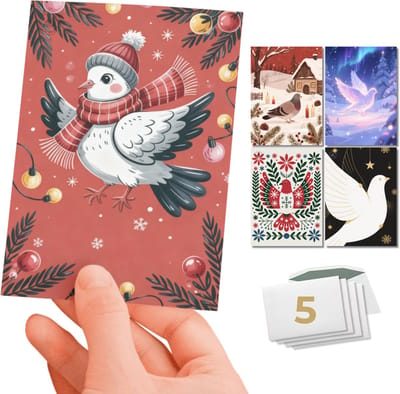Inspra Studio – Luxe Kerstkaarten met Enveloppen – 5 Stuks – Dieren Wenskaarten Collectie – Mix van 5 Unieke Illustratiestijlen – Duif