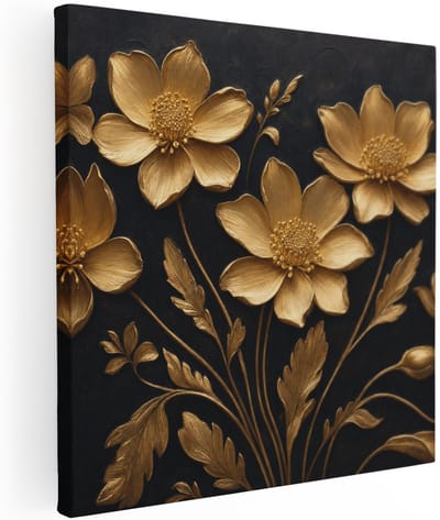 Artaza Canvas Schilderij Gouden Bloemen - Abstract Op Zwarte Achtergrond - 70x70 cm - Wanddecoratie Woonkamer - Schilderijen - Muurdecoratie