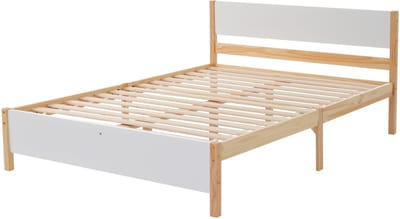 MEUNIQ tweepersoons bed 140x200 cm met lattenbodem en middelpoot, houten bedframe met hoofd- en voetbord voor slaapkamer, wit en naturel
