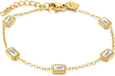 Twice As Nice Armband in goudkleurig edelstaal, 5 witte kristallen 17cm+2cm