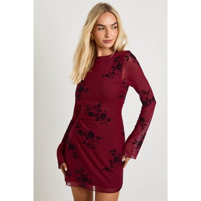 boohoo Dames Devore mini-jurk met uitlopende mouwen | Wijn | Maat: 36