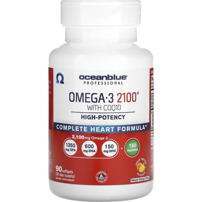 OceanBlue, Professioneel, Omega 3 2100 met COQ10, hoge potentie, natuurlijke sinaasappel, 90 zachte capsules