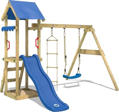 Wickey TinyCabin Speeltoestel - Schommel en Touwladder met Glijbaan - Dakzeil & Zandbak - 260x273x220 cm - Blauw