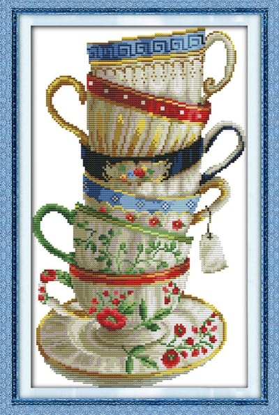 Volwassen kruissteek kits voor ambachtelijke wanddecoratie met koffie- en theekoppen, 14-kleurige borduurset 28x42cm