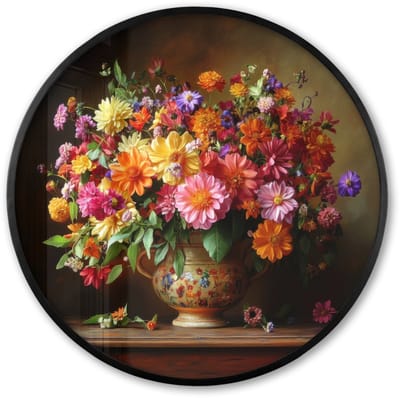 Poster in lijst Rond - Fotolijst 60x60 cm - Posters - Kleuren - Boeket - Vaas - Hout - Ronde posterlijst zwart - Decoratie - Wanddecoratie woonkamer - Muurdecoratie slaapkamer