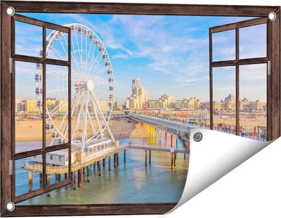 Gards Tuinposter Doorkijk Scheveningen Pier met de Ferris Wheel - Reuzenrad - 60x40 cm - Tuindoek - Tuindecoratie - Wanddecoratie buiten - Tuinschilderij