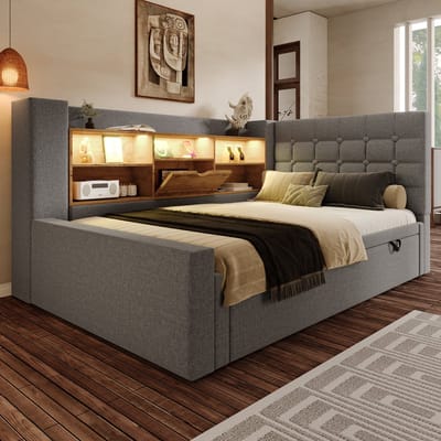 Slaapbank 90x200 cm met lade - met uitschuifbaar bed en LED-licht - L-vormig hoofdeinde met opbergruimte - grijs - zonder matras