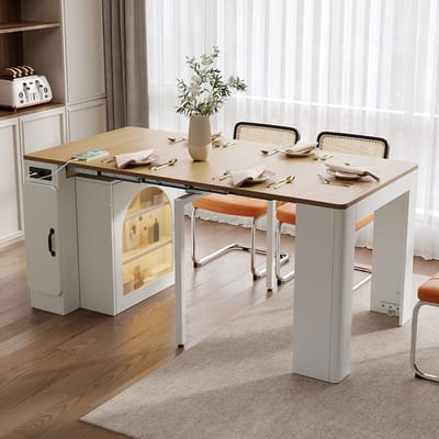 BLACKCOLORS Keukeneiland op wieltjes, uitschuifbare eettafel met afneembaar blad, mobiele serveerwagen met stekkerdozen, te gebruiken als buffetkast, servieskast of bartafel voor de keuken en eetkamer (wit)