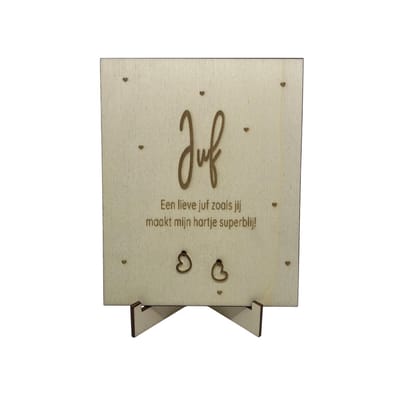 Oorbellen en houten kaartje JUF | open hartje | lieve juf | jij bent de liefste | liefste juf | topjuf | einde schooljaar | cadeau