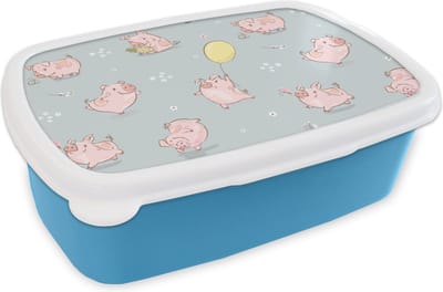 Broodtrommel Blauw - Lunchbox - Brooddoos - Patronen - Varkens - Ballonnen - 18x12x6 cm - Kinderen - Jongen