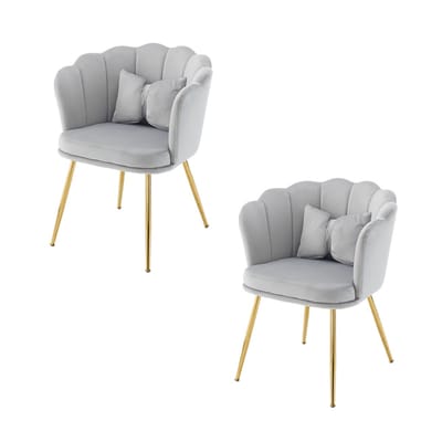 YEHTOKHOME Velvet Eetkamerstoelen set van 2 met armleuning, Bureaustoel, Make-upstoel, Ergonomisch, Fauteuil, Fluwelen stoel met bloemblad-rugleuning, Vergulde metalen poten, Vlinderkussens, Grijs