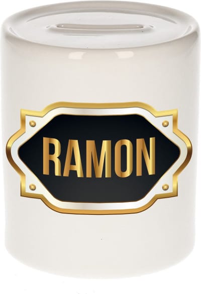 Spaarpot met voornaam Ramon - wit - met goud/zwart embleem - 8 x 9 cm - keramiek - met afsluitdop - cadeau verjaardag