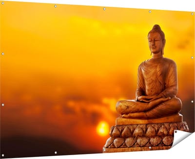 Gards Tuinposter Boeddha Standbeeld bij Zonsondergang - 180x120 cm - Tuindoek - Tuindecoratie - Wanddecoratie buiten - Tuinschilderij