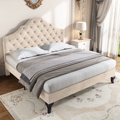 STILVORA Gestoffeerd Bed 140x190 Cm – Eenpersoonsbed Met Verstelbaar Hoofdeinde – Capitonné & Stevige Latten – Volwassenen – Fluweel – Crèmewit Zonder Matras
