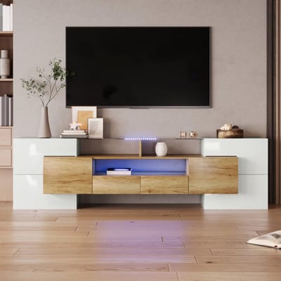 MEUNIQ TV-meubel 200 x 35 x 60 cm met 6 deuren, 2 lades, 3 vakken en meerkleurige LED-verlichting, lowboard voor woonkamer in hoogglans wit en houtkleur