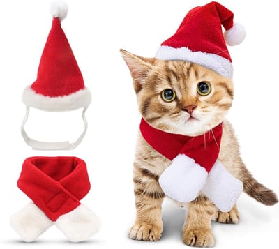 Kerstkostuum voor Katten met Santa Hoed en Sjaal, Verstelbare Set voor Kittens en Puppies - Feestelijke Dierenoutfit in Rood