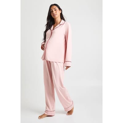boohoo Dames Zwangerschaps-pijpdetail pyjamasset met langarm shirt & broek | Roze | Maat: 36