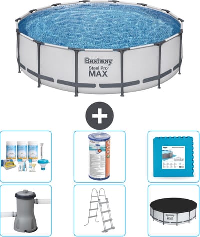 Bestway Rond Steel Pro MAX Zwembad - 427 x 107 cm - Grijs - Inclusief Pomp - Ladder - Afdekzeil Onderhoudspakket - Filter - Vloertegels