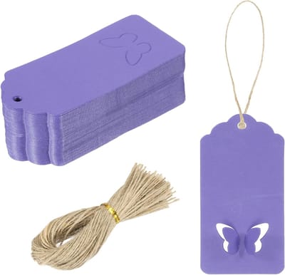 Kraftpapier cadeaulabels met koord, 9 x 4 cm, hangende etiketten, golfvorm, papieren etiketten, paars, cadeaulabels voor prijskaartjes, Kerstmis, doe-het-zelf knutselen
